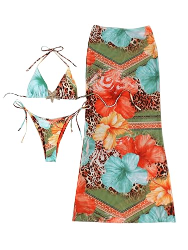 GORGLITTER Women's 3 Piece Floral Leopard Swimsuit Halter Triangle High Waisted Thong Bikini Set with Beach Skirt
