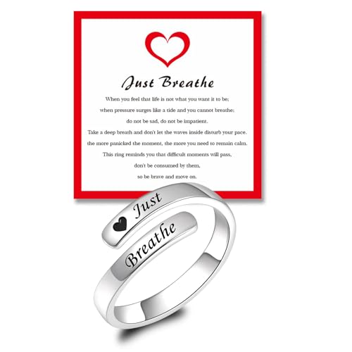 YLT Just Breathe Rings for Women, 925 Sterling Silver Hope Ring Adjustable Relief Anxiety Healing Ring Heart Inspirational Jewelry Gift