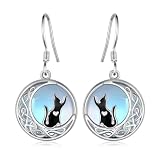 SVODEA Pendientes de gato negro de plata de ley 925 con piedra lunar, aretes colgantes de gato, bonitos animales, joyería de regalo para mujer
