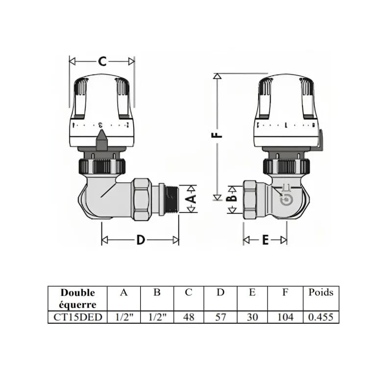 Corps robinet thermostatique double équerre 1/2 CT15DED en laiton durable - 2