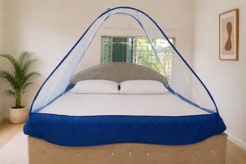 Image of Healthy Sleeping Mosquito Net | Double Bed | Supreme King Size Bed | Foldable Machardani with 2 Side Zipper Opening | Strong 30GSM Polyester Net | PVC Coated Steel Wire (Blue)