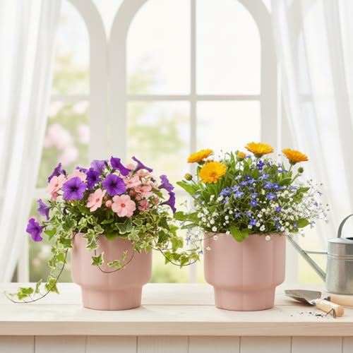 Image of Xtore Sophisticated Ribbed Ceramic Planter Set of 2 for Indoor Plants | Modern Minimal Pots for Living Room, Desk & Shelf Styling (Pack of 2, Planter only)