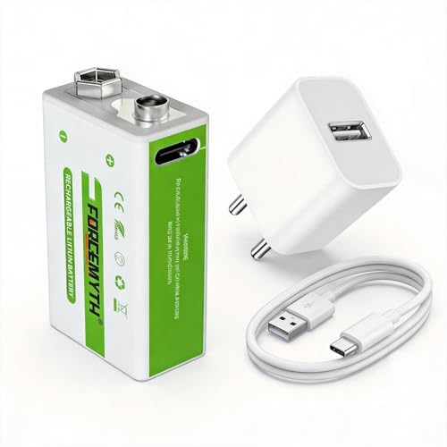 Image of 9V Rechargeable Lithium Battery with Charger Kit, 1000mAh High-Capacity, Direct USB-C Fast Charge, Stable 9V Output, 1200+ Recharge Cycles, 10-Year Shelf Life, 1-Pack