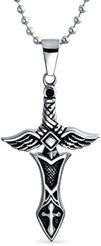 Bling Jewelry Biker Royal Sword & Angel Wings Cross Pendant Necklace For Mens Teen Black Oxidized Silver Tone Stainless Steel