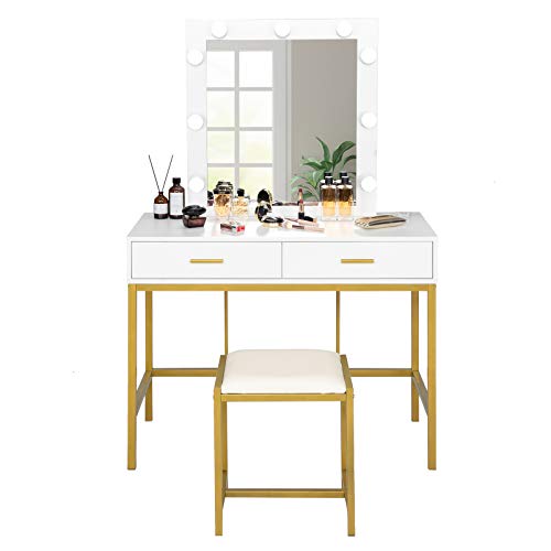Vingli Vanity Set With Lighted Mirror And Stool,White Makeup Vanity Table Set With 9 Lights For Women,Bedroom Makeup Dressing Table With 2 Drawers And Stool,White&Gold #TOP1