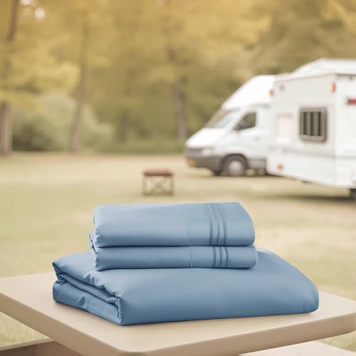 Image of Nestl Stone Blue Short Queen Sheets for RV, Hotel Luxury RV Queen Sheets Set, 4 Piece Fitted Bed Sheet Set and Pillowcases, Super Soft, Wrinkle-Free, and Breathable Camper Bedding