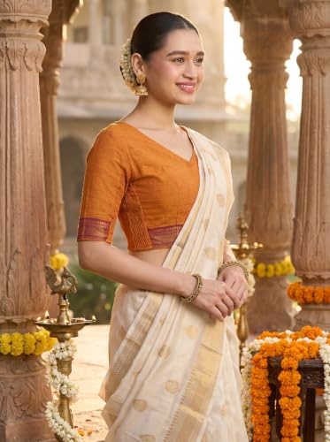 Image of Studio Shringaar Women's Handloom Cotton Stretchable (Smocked) Saree Blouse with Temple Zari Border