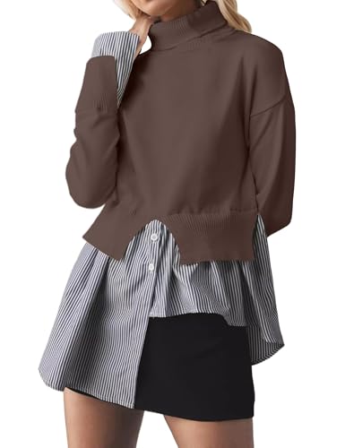 Image of Women Asymmetrical Patchwork Sweaters Slit Turtleneck Pullover Sweater Dress 2 in 1 Sweater Shirt Tunic Sweater Tops