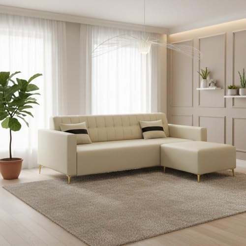Image of SOCOZI Anton 3 Seater Modular L Shape Sofa Set with Ottoman |Premium Leatherette Fabric with Golden Metal Legs | Modern Design | Plush Comfort Cushions for Living Room (Cream Leatherette)