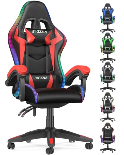 bigzzia Ergonomique Chaise Gaming avec éclairage LED Effets, Dossier Hauteur Réglable, Fauteuil Gaming LED avec Lombaire&Appui-Tête Appui, Chaise de Bureau Adultes Enfants (avec LED Effets, Rouge)