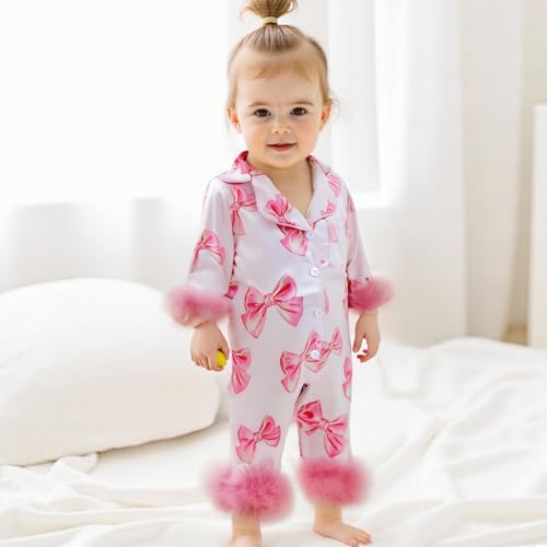 Baby Girl Silk Pajamas Bow Print Feather Trim Sleeve Button Down Romper Overall Jumpsuit Newborn Satin Pjs Nightgown3