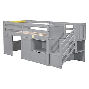 Twinsizelowloftbedwithstairstoragedrawerandshelfwoodplayhouseloftbedframewithdoorwindowsforkidsboysgirlsteensgray  Urban Country Home Decor Twin size low loft bed with stair storage drawer and shelf wood playhouse loft bed frame with door windows for kids boys girls teens gray  urban country home decor