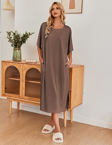 Image of Ekouaer Women's Nightgown Short Sleeve Sleepshirt Long Loungewear Casual Maxi Lounge Dress House Dresses with Pockets