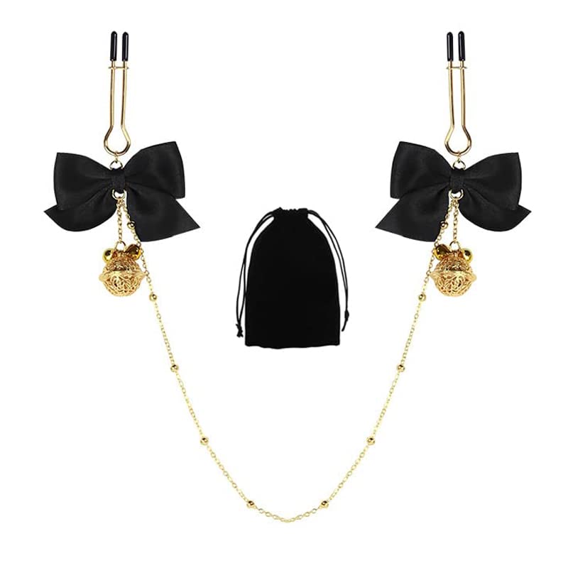 Adjustable Nipple Clamps with Chain, Bownot&Bells Nipple Clips, Nipple Rings Non Piercing, Nipple Clamps for Women Pleasure Sex - A-Black