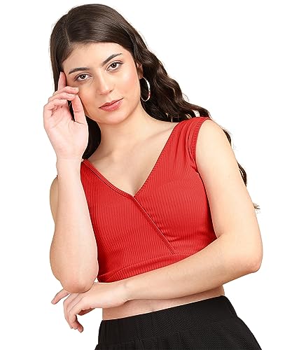 Image of POPWINGS Women Casual Rust Self Design Rib Deep V Neck Sleeveless Cutout Crop Top | Women Tops | Women Regular Tops | Women Tops | Women Stylish Tops
