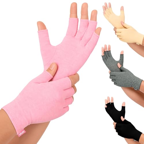Vive Pink Arthritis Hand Compression Gloves - Comfortable Fit for Men and Women - Open Finger for Rheumatoid Osteoarthritis and Computer Typing Pain - Carpal Tunnel Support - Moisture Wicking Fabric