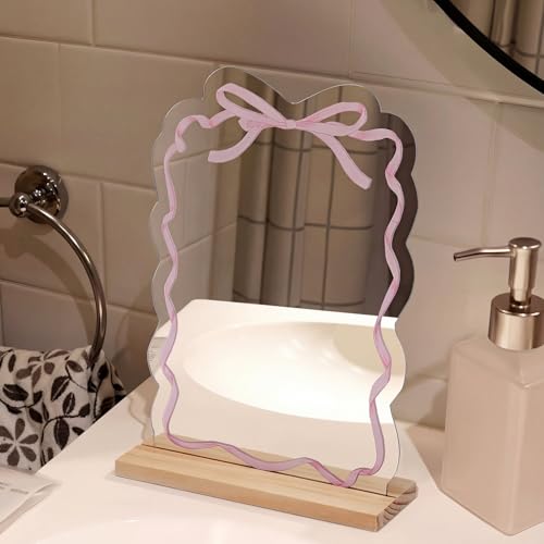Espejo para Maquillaje Pequeño Forma Moño Rosa con Soporte