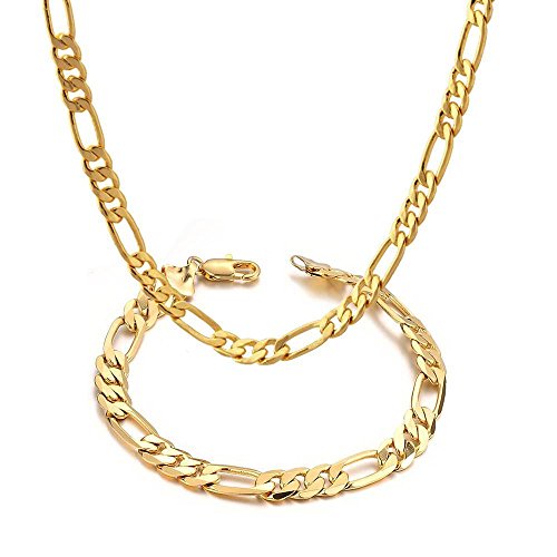 Mens 18k Yellow Gold Plated 24in Figaro Chain Necklace 5.6 MM & Bracelet Set nn