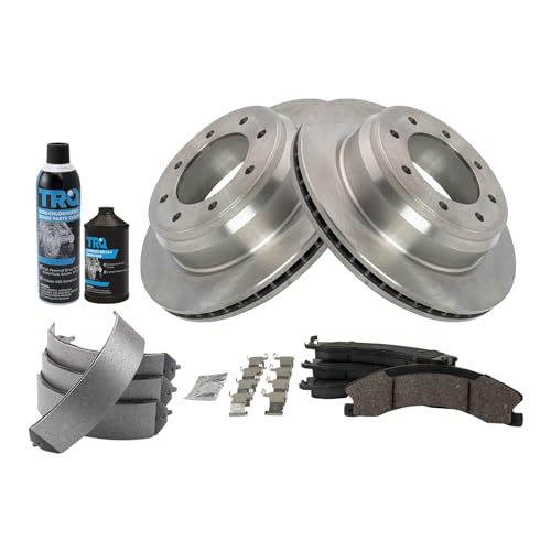 Image of TRQ Rear Brake Pad & Rotor Kit, with Chemical Kit Parking Brake Shoe Set Ceramic Compatible with 2012-2019 Nissan NV1500 NV2500 NV3500