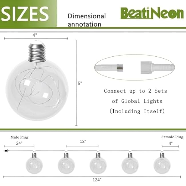 Globe String Lights, 10.3FT LED String Lights Indoor, Waterproof Decorative Christmas Lights, 9 Pack G100 Ball Bulbs, Built-in 15 LEDs, Warm White Plug-in Fairy Lights for Patio, Bedroom, Halloween