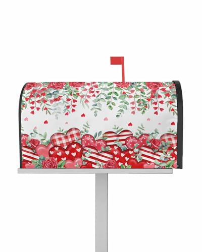 Valentine's Day Red Love Heart Mailbox Cover Rose Floral Magnetic Mailbox Wraps, Eucalyptus Leaves Mailbox Covers Standard Size 18x21 Inch Mail Wrap Post Letter Box Decoration for Outdoor Gardern Yard