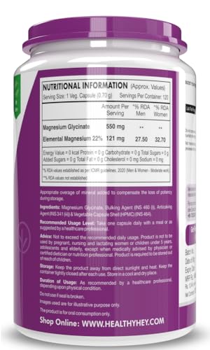 HealthyHey Nutrition High Absorption Magnesium Glycinate, 550mg - 120 Vegetable Capsules - Pack of 2