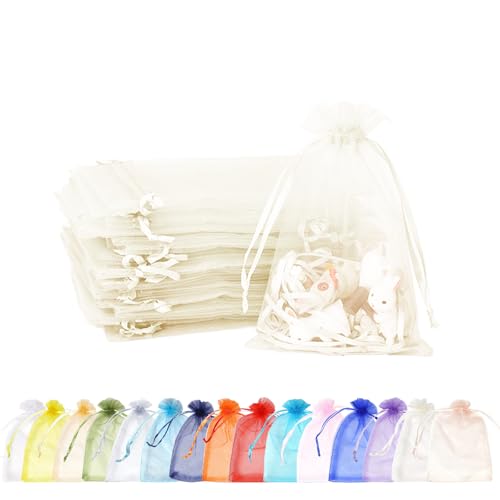 Morainjay 100 Pièces Blanc Ivoire Organza 7x9cm, Pochette Cadeau Cordon Serrage Bijoux Bonbons