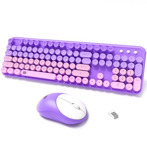 Image of Wireless Keyboards Mouse Combos, Colorful Cute Typewriter Full-Size Retro Creamy Keyboard, 2.4GHz Sleep Mode Office Quiet Wireless Keyboard and Mouse Set for Desktop Laptop PC Computer(Purple)