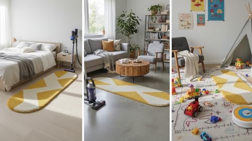 Image of Fluffy Silky Micro Fiber Polyster Carpet /Runner for Bedroom, Study Room, Playing Room, Guest Room ETC. 2x5 Feet, (Yellow and Ivory Chevron Pattern)