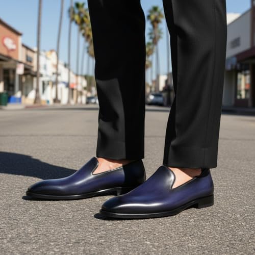 Image of Men's Genuine Leather Loafers Hand-Dyed Leather Sole Slip-On Dress Shoes