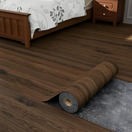 Oxdigi Peel and Stick Vinyl Flooring Roll 23"x 118"/19 Sq.Ft, Thicken Self Adhesive Vinyl Floor Tiles Wood Plank Flooring Waterproof Wear-Resistant for Any Room, Easy DIY Floor Coverings, Deep Brown