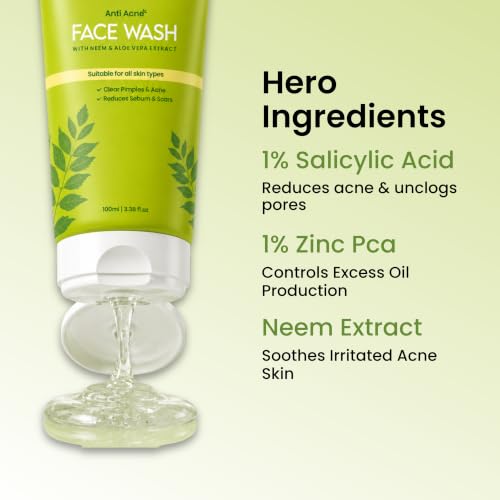 Image of Anti Acne Face Wash with Neem, Aloe Vera, Green Tea Extract & Tea Tree Oil | Gentle Oil Control & Pimple Removal | Natural Cleanser for Acne-Prone Skin, For Men & Women- 100ml (Pack of 2)