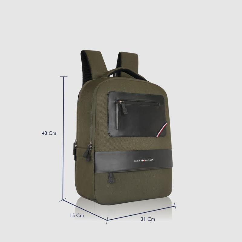 Image of Tommy Hilfiger Unisex Backpack Blackburn - Olive+Black | Water-Resistant | Padded Laptop Sleeve | Trolley Holder | Stylish & Trendy Backpack For Daily Use, Office, Work & Travel | 20L Capacity