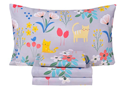 Scientific Sleep Kitty Cats Flowers Girls Kids Teen Girls 100% Cotton Twin Bed Sheet Set, Flat Sheet & Fitted Sheet & Pillowcase Bedding Set (Cats Flower, Full) #TOP23