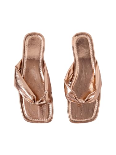 Image of GORGLITTER Women's Gold Flat Sandals Dressy Square Toe Vacation Flip Flops | Gold Sandals, Square Toe Flip Flops, Metallic Leather Sandals, Summer Dressy Fashion, Slides Flat