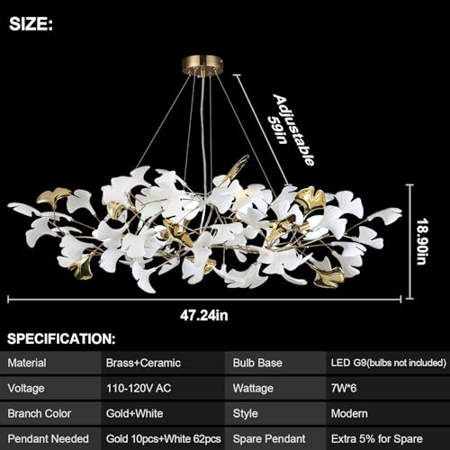 Image of Branch Chandelier Modern Gold Ceramic Ginkgo Leaf Chandeliers L47 Inch Brass Rectangle Chandelier Large Luxury Hanging Lights Fixture for Living Room Dining Room, 6-Light