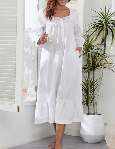 100% Cotton Nightgowns For Women Victorian Night Gown Long Sleeve House Dress With Pockets S-3XL2
