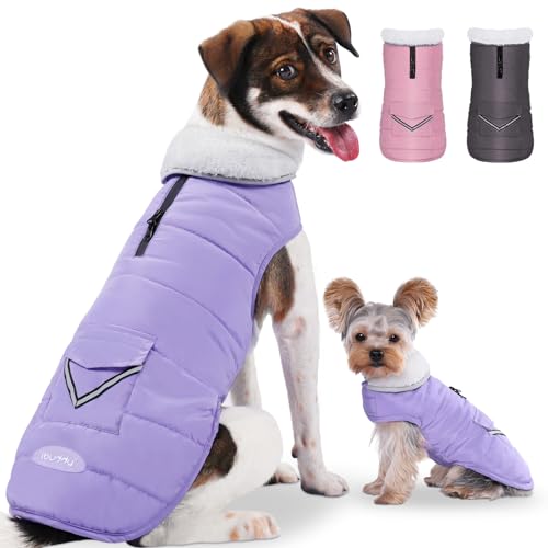 iBuddy Dog Winter Coat for Large Dogs, Easy on Dog Snow Fleece Coat Velcro Waterproof Pet Puffer Clothes with Harness Hole Adjustable Reflective Quilted Pet Cold Weather Vest Wind-poof for Girl Female