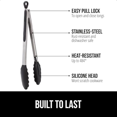Image of GORILLA GRIP Stainless Steel Heat Resistant Kitchen Tongs for Cooking, 7 + 9 + 12 Inch Set of 3 BBQ Tong, Non Scratch Silicone Tip for Pans, Strong Grip, Grab Food, Toss Salad, Pull Lock, Black