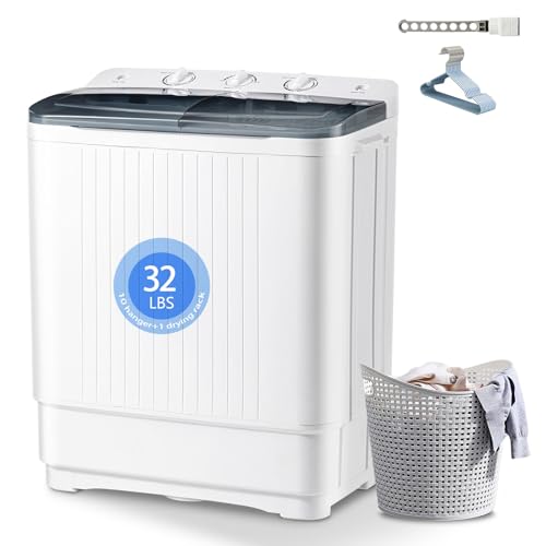 Image of DOGHLY Portable Washing Machine, 32lbs Twin Tub (20+12lbs Washer /Spinner) with 10 Hangers and Drying Rack, for Powerful Stain Removal, Semi-Automatic Compact Washer for Dorms, Apartments, RVs(Black)