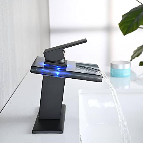AVSIILE LED Bathroom Sink Faucet, Matte Black Waterfall Single Hole Handle Vanity Faucets for Sinks 1 Hole with Metal Pop Up Drain and 2 Water Supply Lines, Open Glass Spout - Thumbnail 7