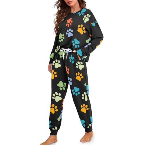 Image of Womens Lounge Set Long Sleeve Soft Pajama Sets Casual 2 Piece Pj Outfit Crewneck Sleepwear with Pockets Plus Size