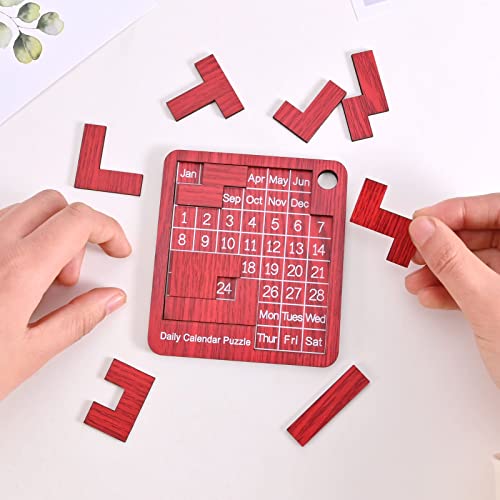 Image of Wooden Daily Puzzle Calendar - 365 Days Brain Burning Jigsaw Puzzle Desk Calendar for 2023 Advent Everyday Logic Challenges Fun Games (S-3.54 * 3.93 in, Red)
