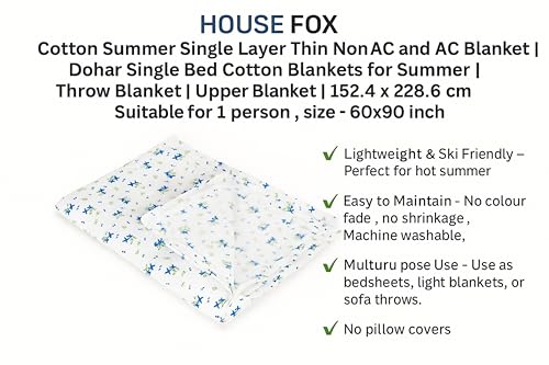 Image of HOUSE FOX Cotton Summer | Single Layer | Thin | Non AC and AC Blanket | Dohar Single Bed Cotton Blankets for Summer | Throw Blanket | Upper Blanket | 152.4 x 228.6 cm (1, Floral Blue, Single)