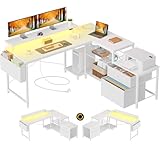 Seventable Schreibtisch L Form mit Ablageflächen, Gaming Tisch mit LED & Steckdosen, Computertisch mit Monitorständer für Homeoffice, Schlafzimmer, Wohnzimmer, Weiß