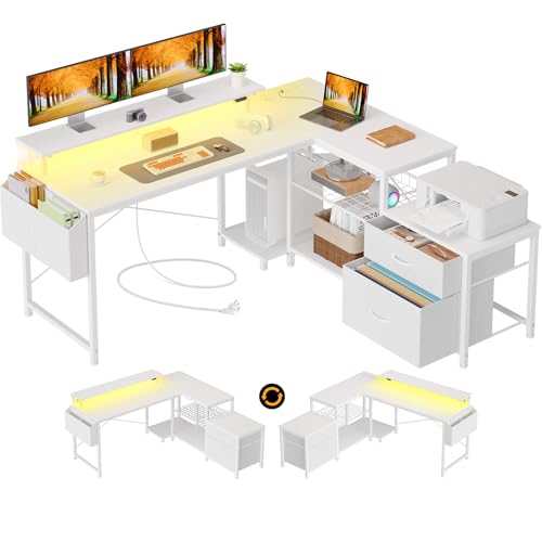 Seventable Schreibtisch L Form mit Ablageflächen, Gaming Tisch mit LED & Steckdosen, Computertisch mit Monitorständer für Homeoffice, Schlafzimmer, Wohnzimmer, Weiß