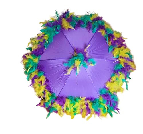 New Orleans Mardi Gras Second Line Parasol Sized Umbrella- Purple Green Yellow Gold Feathers with Purple Umbrella