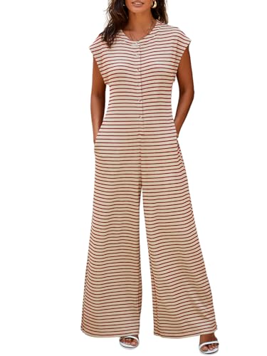 Cicy Bell Jumpsuit Damen Sommer Gestreift Kurzarm Overall Weites Bein Elegant Romper mit Knöpfen und Taschen Bequem für ...
