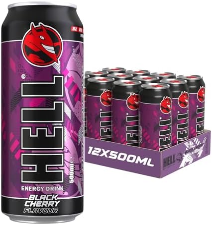 HELL Energy Drink Black Cherry Flavour | 12 x 500ml Cans Multipack | 32mg/100ml Caffeine | Contains Vitamins B2 B3 B5 B6 B12 | Preservative Free | Vegan | Reduce Fatigue