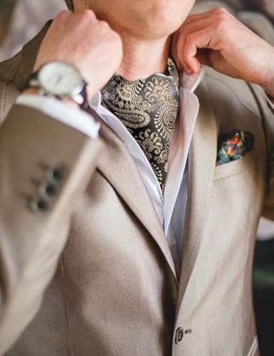 Image of Barry.Wang Ascot Ties Cravat Tie Men Paisley Plaid Scarf Self Tie Pocket Square Cufflinks Set Wedding Party